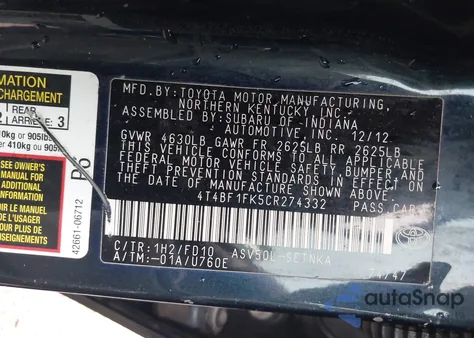 2012 Toyota Camry Le z USA, uszkodzony, nr VIN 4T4BF1FK5CR274332